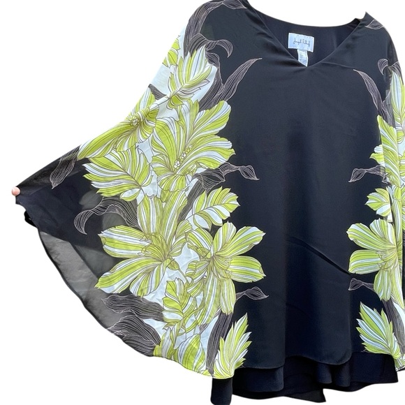 Joseph Ribkoff Electric Boho Minimalist Black Green Poncho Tunic Blouse Sz 16 - Picture 7 of 12